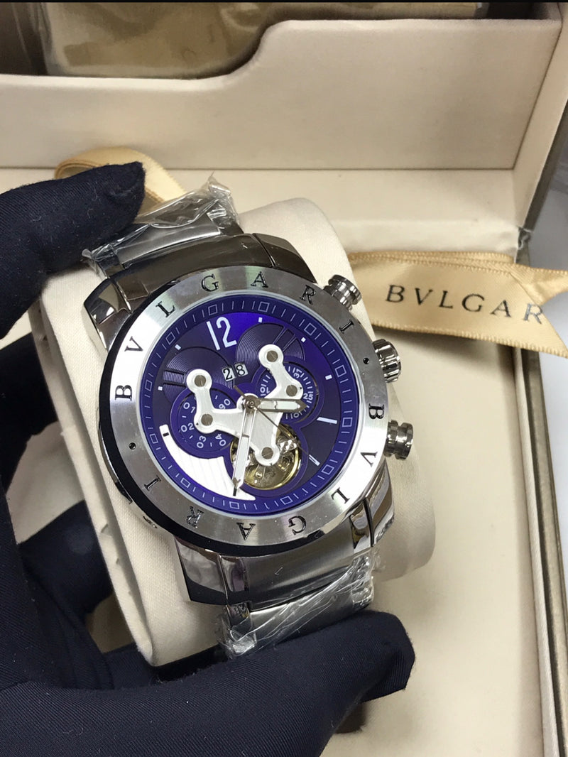 Relógio Bvlgari Masculino Linha Premium Modelo Skeleton Pulseira De Aço Inoxidável A Prova D’água 40m