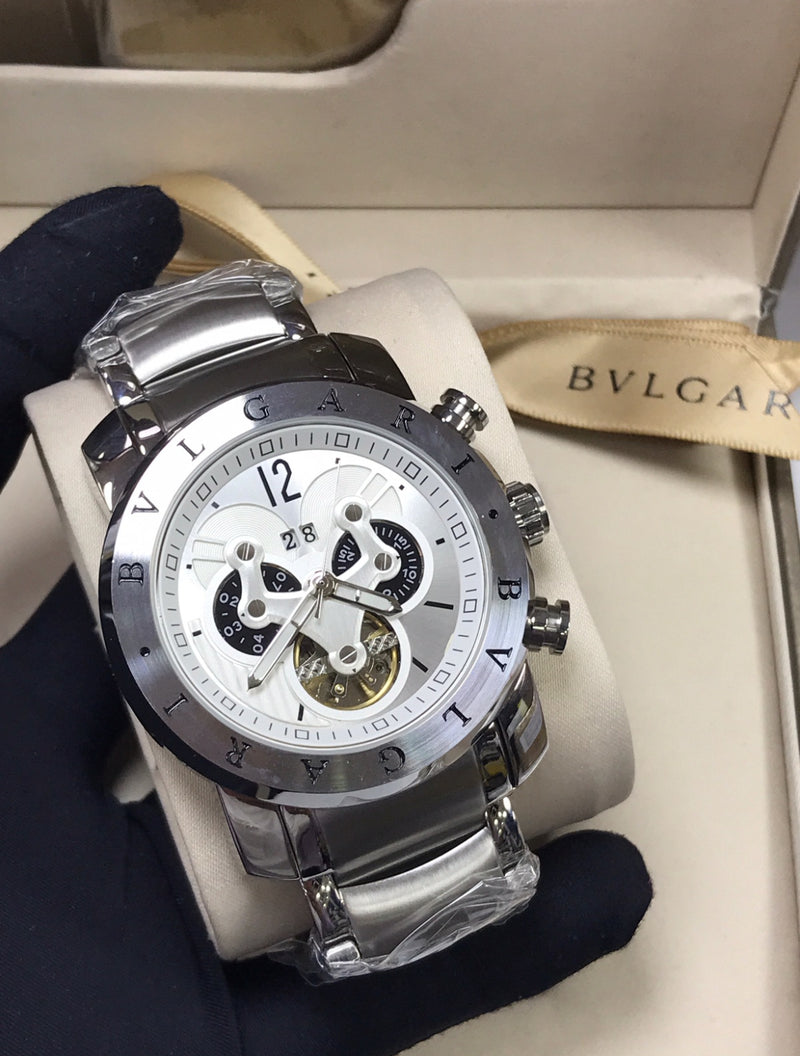 Relógio Bvlgari Masculino Linha Premium Modelo Skeleton Pulseira De Aço Inoxidável A Prova D’água 40m