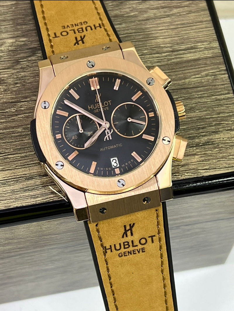 Relógio Hublot Masculino Linha Premium Modelo Geneve Automático Pulseira De Couro A Prova D’água 40m